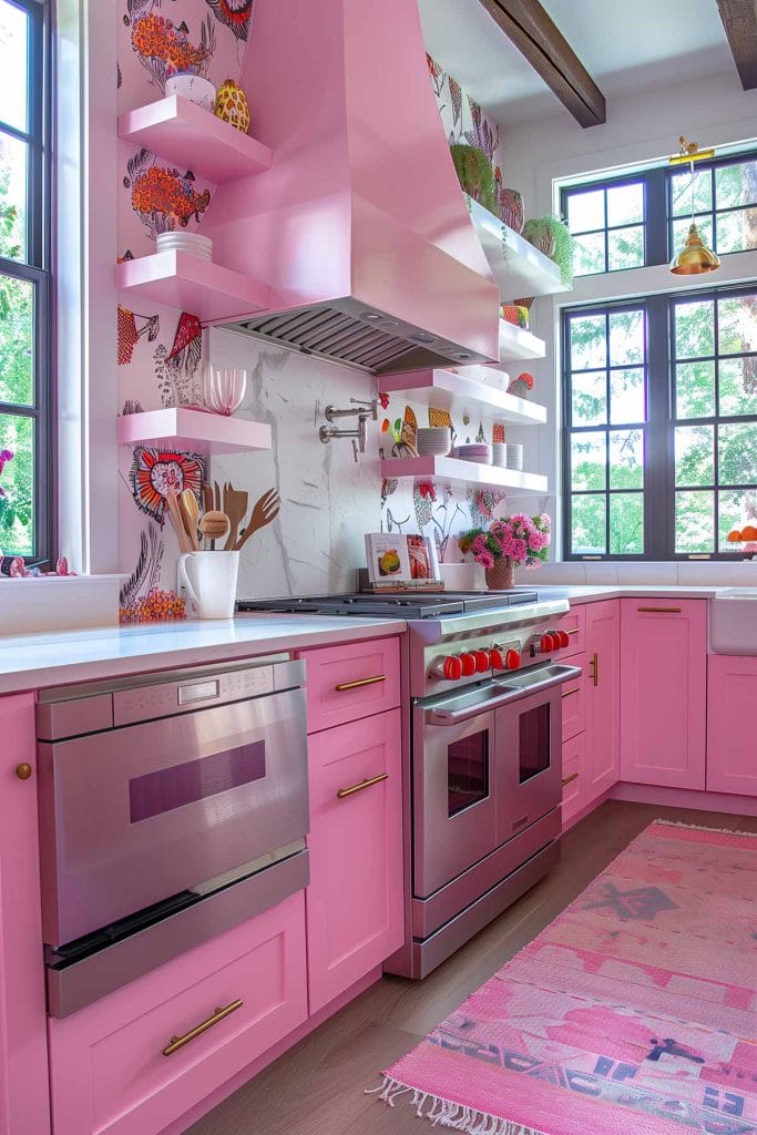 A vibrant eclectic kitchen with pink cabinets, bold patterned wallpaper, and retro appliances. The design includes colorful accessories and open shelving.