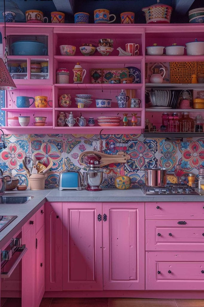 A vibrant eclectic kitchen with pink cabinets, bold patterned wallpaper, and retro appliances. The design includes colorful accessories and open shelving.