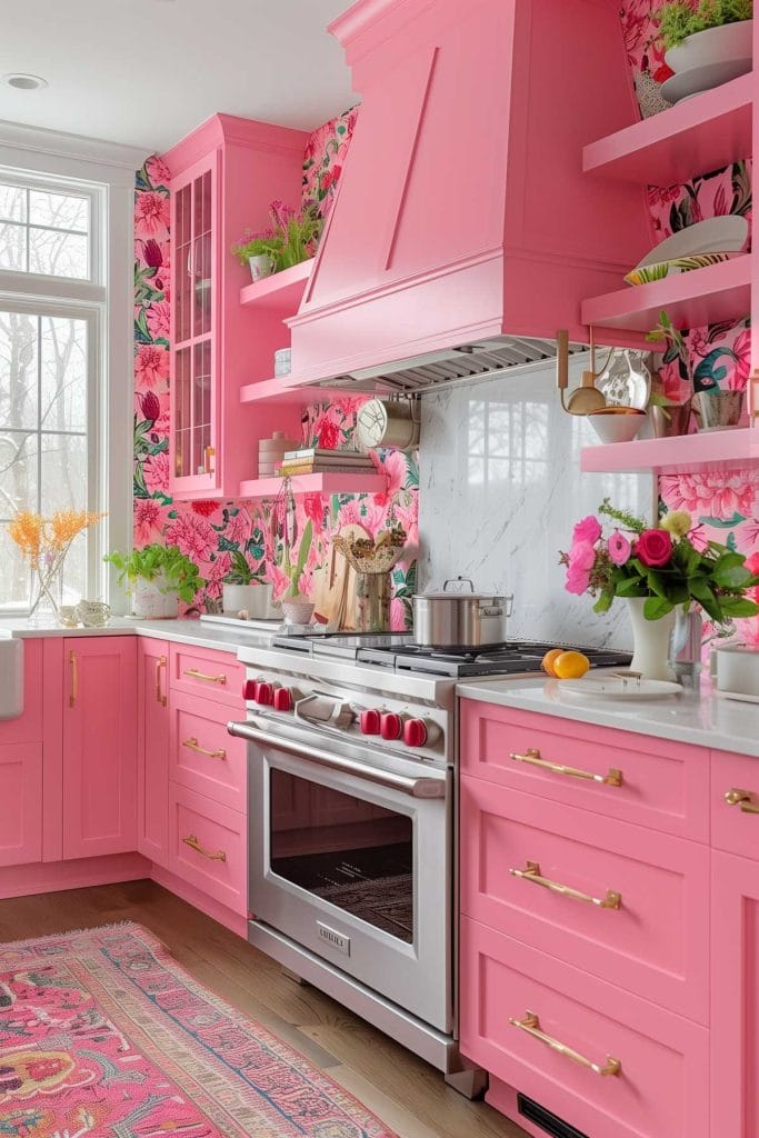 A vibrant eclectic kitchen with pink cabinets, bold patterned wallpaper, and retro appliances. The design includes colorful accessories and open shelving.