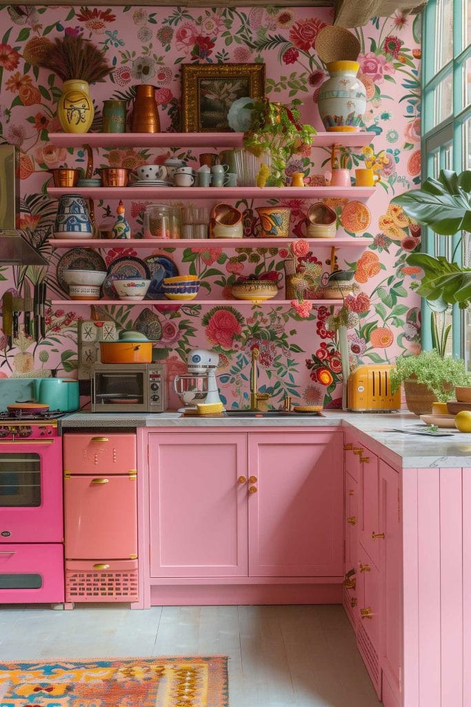 A vibrant eclectic kitchen with pink cabinets, bold patterned wallpaper, and retro appliances. The design includes colorful accessories and open shelving.