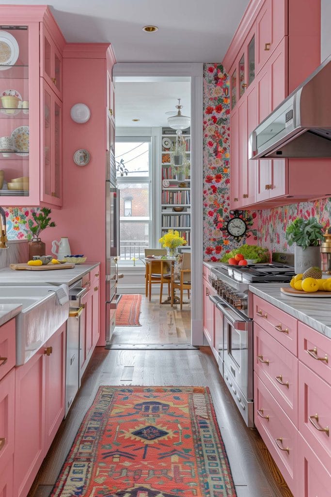 A vibrant eclectic kitchen with pink cabinets, bold patterned wallpaper, and retro appliances. The design includes colorful accessories.