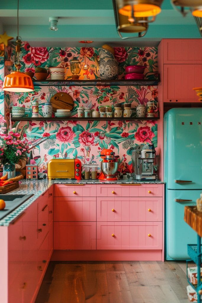 A vibrant eclectic kitchen with pink cabinets, bold patterned wallpaper, and retro appliances. The design includes colorful accessories and open shelving.