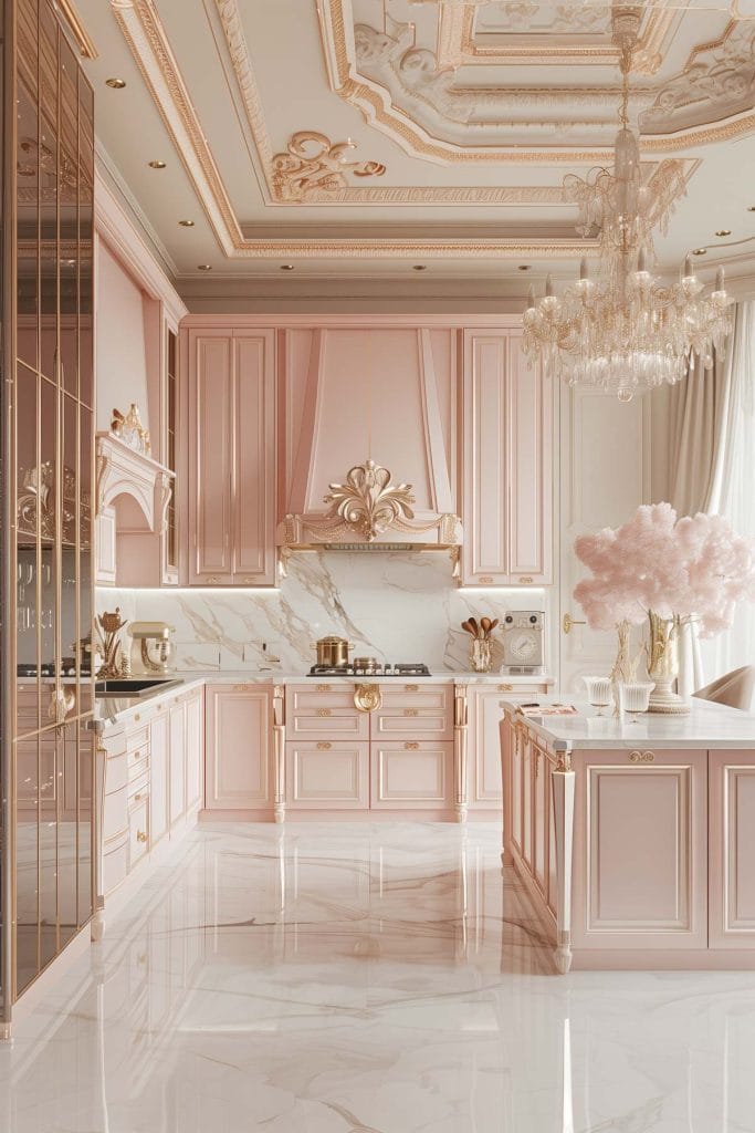 A luxurious Hollywood glam kitchen with blush pink cabinets, gold accents, marble countertops, and mirrored backsplashes. The space is completed with elegant chandeliers and high-end appliances.