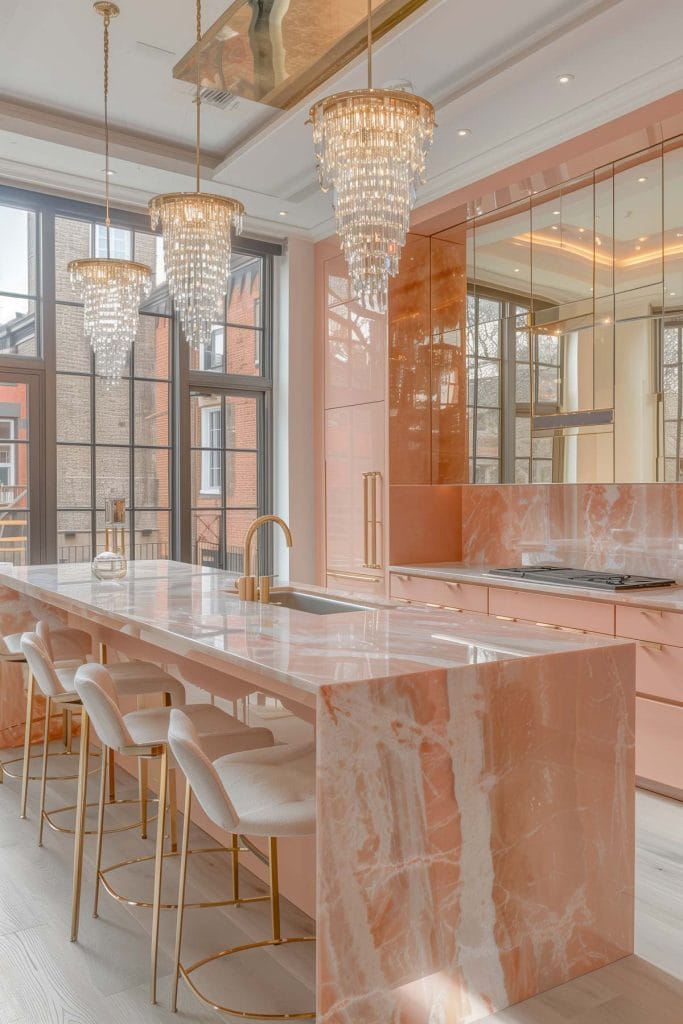 A luxurious Hollywood glam kitchen with blush pink cabinets, gold accents, marble countertops, and mirrored backsplashes. The space is completed with elegant chandeliers and high-end appliances.