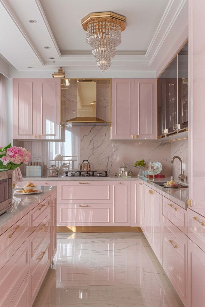 A luxurious Hollywood glam kitchen with blush pink cabinets, gold accents, marble countertops, and mirrored backsplashes. The space is completed with elegant chandeliers and high-end appliances.