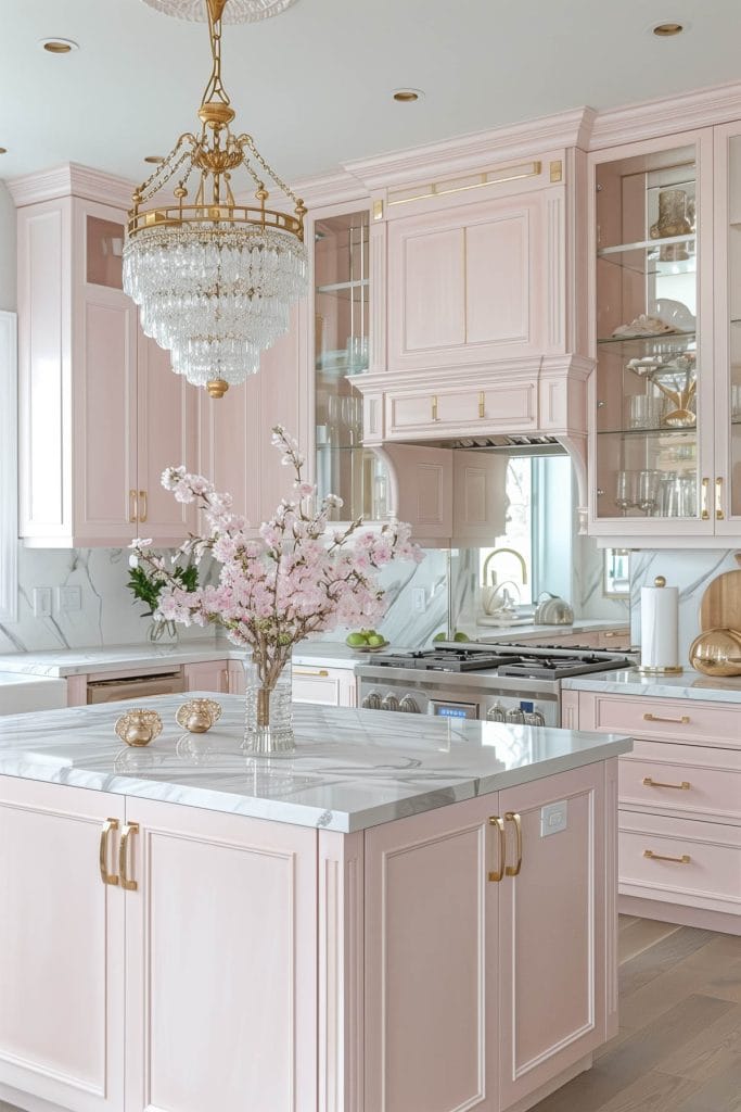 A luxurious Hollywood glam kitchen with blush pink cabinets, gold accents, marble countertops, and mirrored backsplashes. The space is completed with elegant chandeliers and high-end appliances.