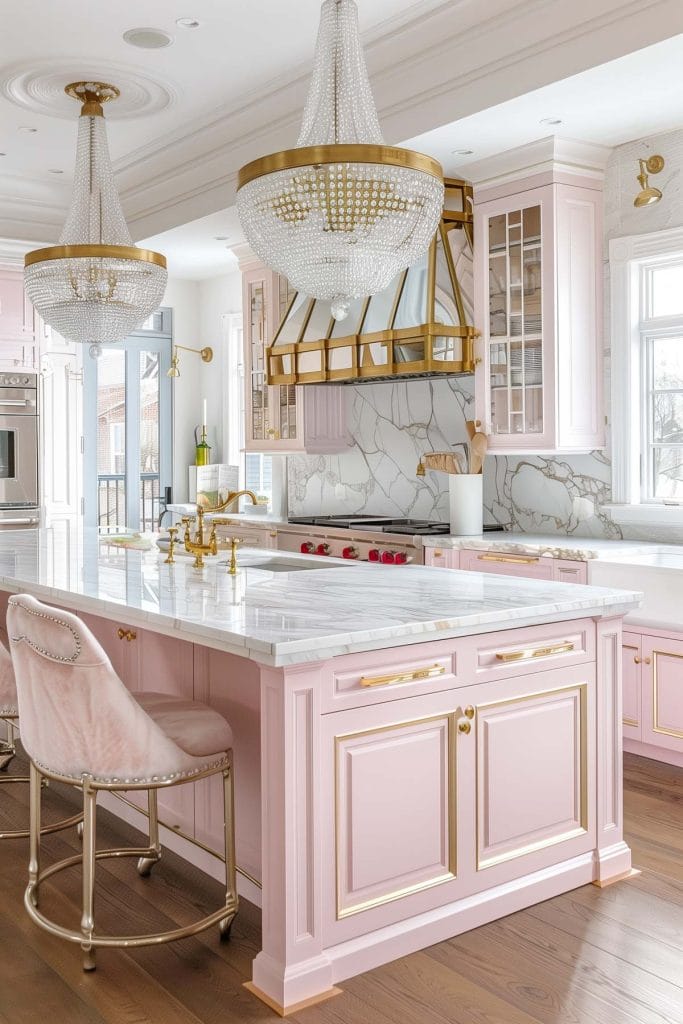 A luxurious Hollywood glam kitchen with blush pink cabinets, gold accents, marble countertops, and mirrored backsplashes. The space is completed with elegant chandeliers and high-end appliances.