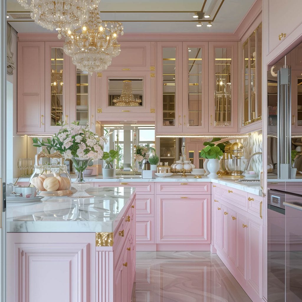 A luxurious Hollywood glam kitchen with blush pink cabinets, gold accents, marble countertops, and mirrored backsplashes. The space is completed with elegant chandeliers and high-end appliances.