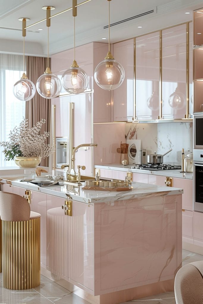 A luxurious Hollywood glam kitchen with blush pink cabinets, gold accents, and marble countertops. The space is completed with elegant chandeliers and high-end appliances.