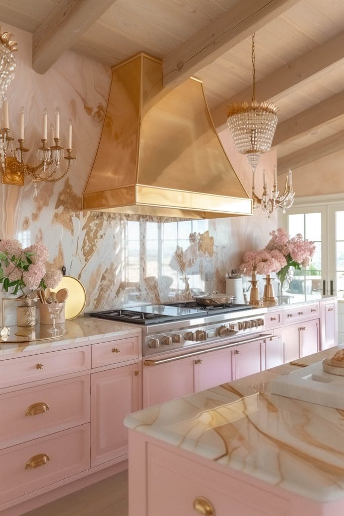 A luxurious Hollywood glam kitchen with blush pink cabinets, gold accents, and marble countertops. The space is completed with elegant chandeliers and high-end appliances.