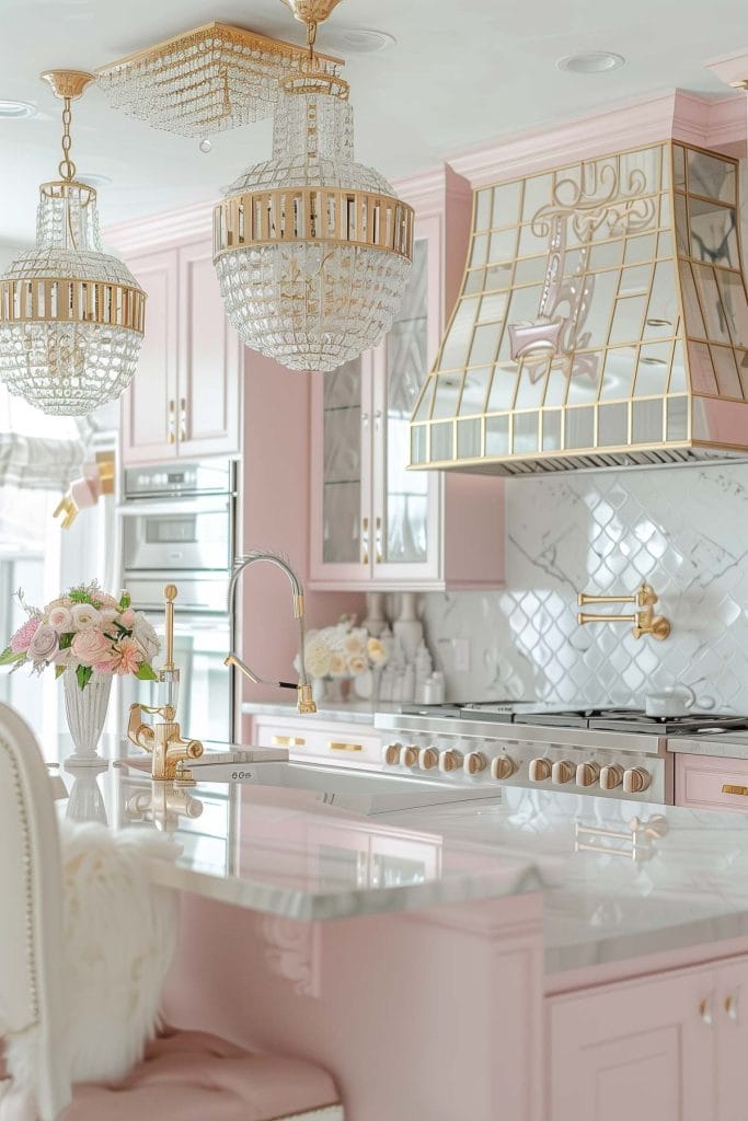 A luxurious Hollywood glam kitchen with blush pink cabinets, gold accents, marble countertops, and mirrored backsplashes. The space is completed with elegant chandeliers and high-end appliances.