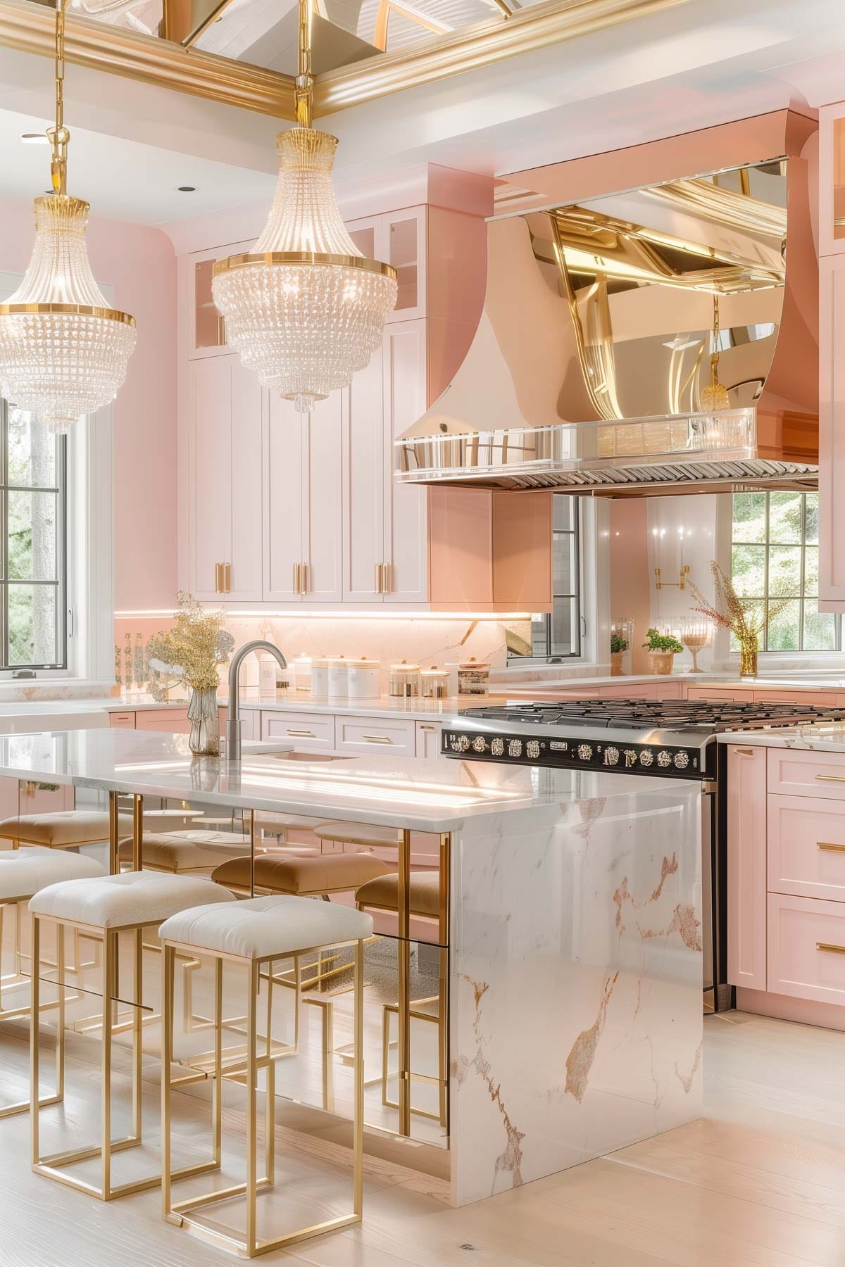 A luxurious Hollywood glam kitchen with blush pink cabinets, gold accents, marble countertops, and mirrored backsplashes. The space is completed with elegant chandeliers and high-end appliances.