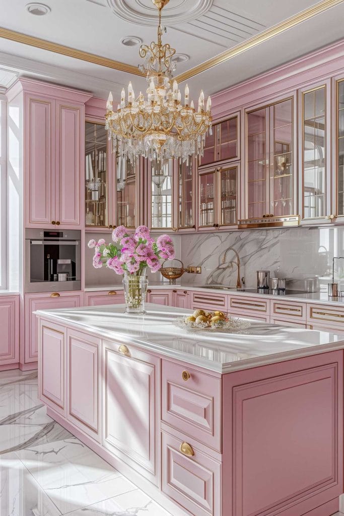 A luxurious Hollywood glam kitchen with blush pink cabinets, gold accents, marble countertops, and mirrored backsplashes. The space is completed with elegant chandeliers and high-end appliances.