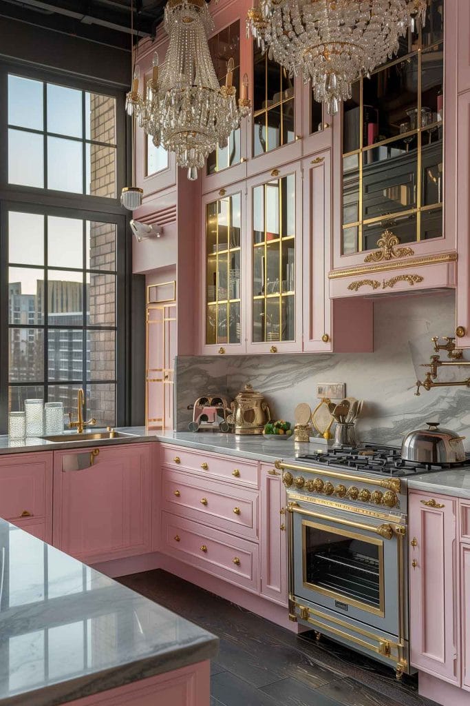 A luxurious Hollywood glam kitchen with blush pink cabinets, gold accents, marble countertops, and mirrored backsplashes. The space is completed with elegant chandeliers and high-end appliances.