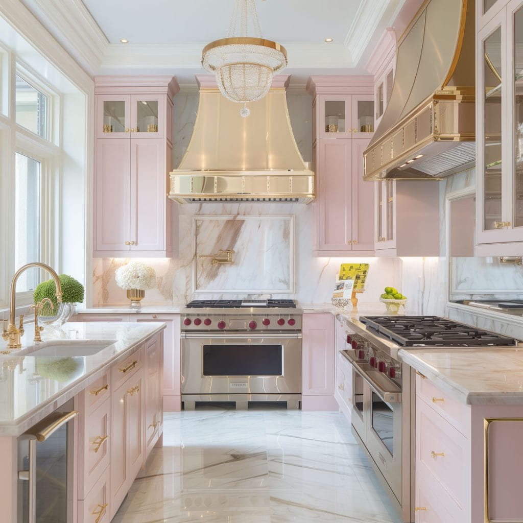 A luxurious Hollywood glam kitchen with blush pink cabinets, gold accents, marble countertops, and mirrored backsplashes. The space is completed with elegant chandeliers and high-end appliances.