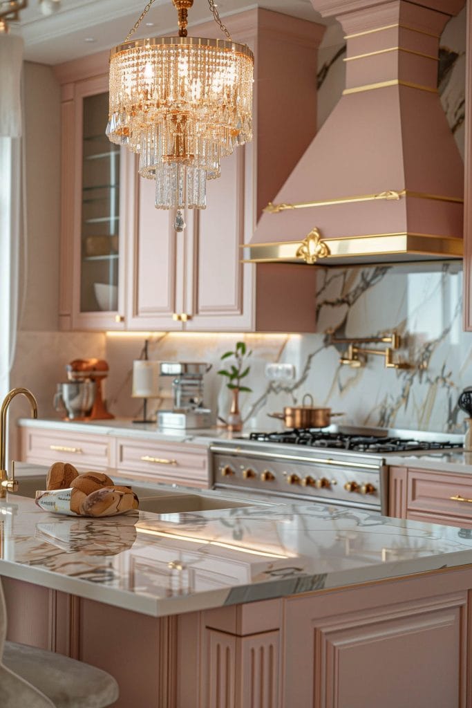 A luxurious Hollywood glam kitchen with blush pink cabinets, gold accents, marble countertops, and mirrored backsplashes. The space is completed with elegant chandeliers and high-end appliances.