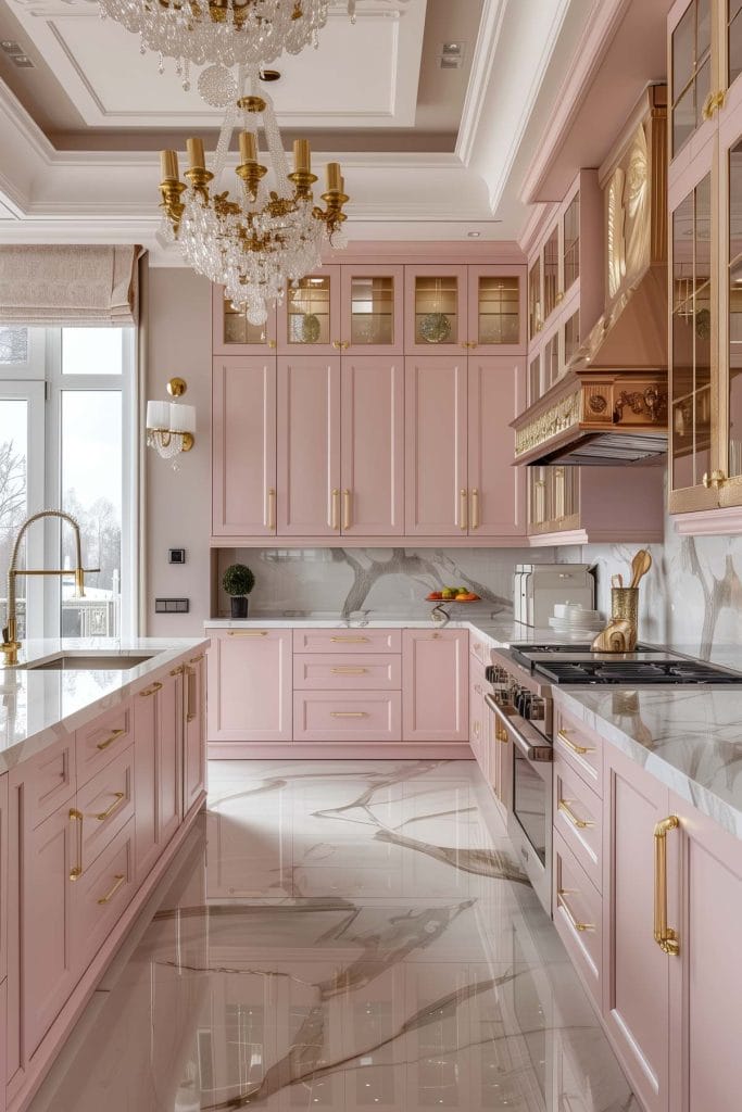 A luxurious Hollywood glam kitchen with blush pink cabinets, gold accents, marble countertops, and mirrored backsplashes. The space is completed with elegant chandeliers and high-end appliances.