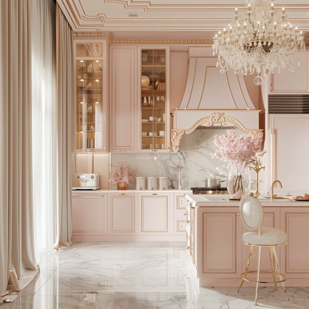 A luxurious Hollywood glam kitchen with blush pink cabinets, gold accents, marble countertops, and mirrored backsplashes. The space is completed with elegant chandeliers and high-end appliances.