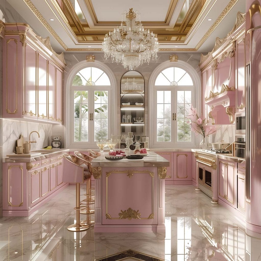 A luxurious Hollywood glam kitchen with blush pink cabinets, gold accents, marble countertops, and mirrored backsplashes. The space is completed with elegant chandeliers and high-end appliances.