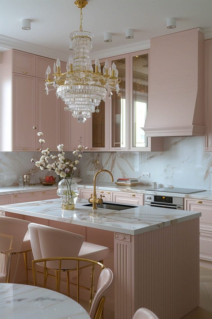 A luxurious Hollywood glam kitchen with blush pink cabinets, gold accents, marble countertops, and mirrored backsplashes. The space is completed with elegant chandeliers and high-end appliances.