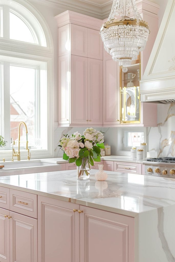 A luxurious Hollywood glam kitchen with blush pink cabinets, gold accents, marble countertops, and mirrored backsplashes. The space is completed with elegant chandeliers and high-end appliances.