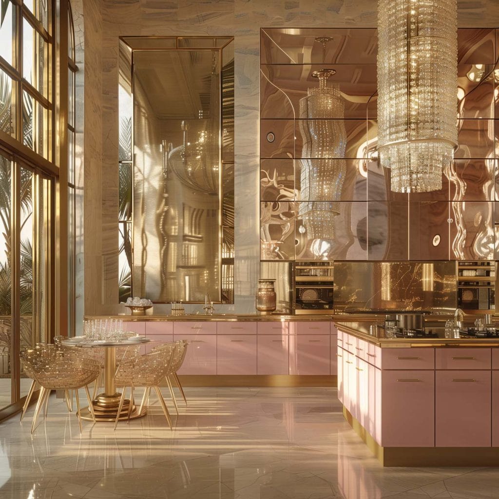 A luxurious Hollywood glam kitchen with blush pink cabinets, gold accents, marble countertops, and mirrored backsplashes. The space is completed with elegant chandeliers and high-end appliances.