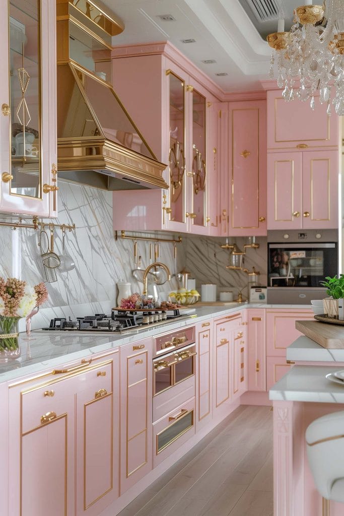 A luxurious Hollywood glam kitchen with blush pink cabinets, gold accents, marble countertops, and mirrored backsplashes. The space is completed with elegant chandeliers and high-end appliances.