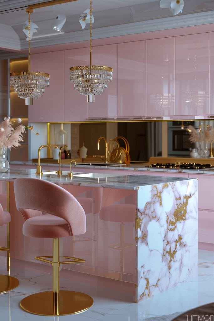 A luxurious Hollywood glam kitchen with blush pink cabinets, gold accents, marble countertops, and mirrored backsplashes. The space is completed with elegant chandeliers and high-end appliances.