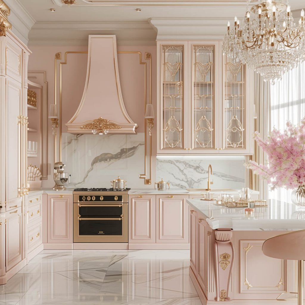 A luxurious Hollywood glam kitchen with blush pink cabinets, gold accents, marble countertops, and mirrored backsplashes. The space is completed with elegant chandeliers and high-end appliances.