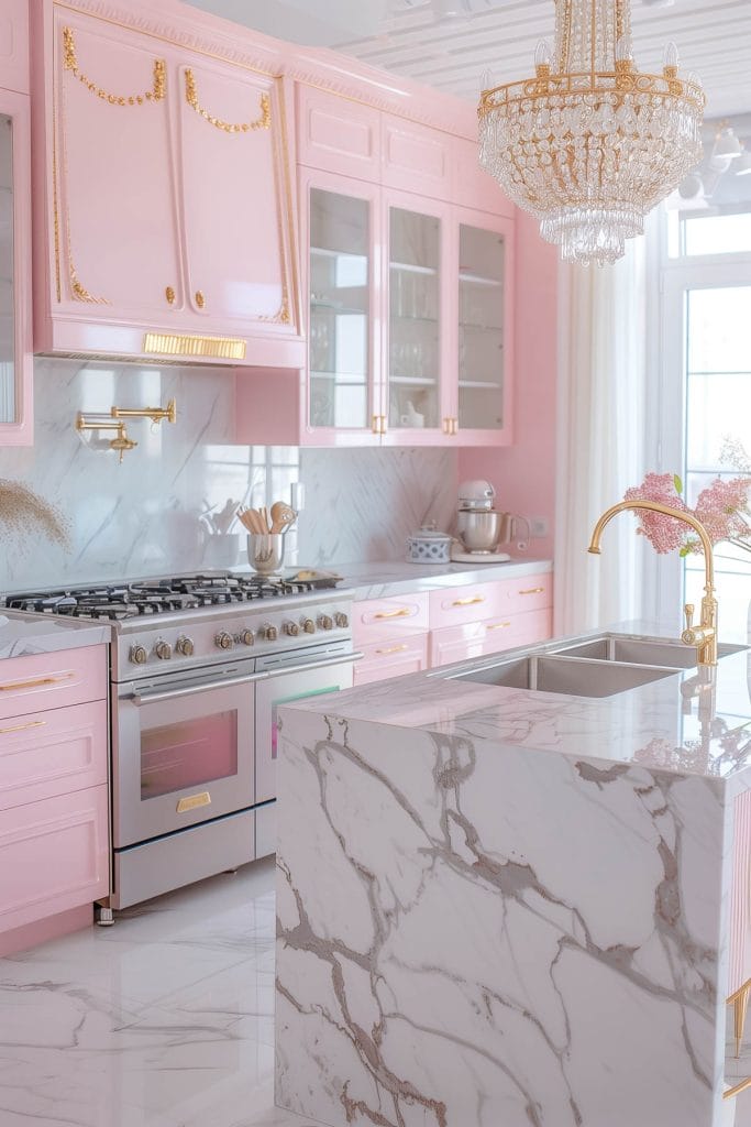 A luxurious Hollywood glam kitchen with blush pink cabinets, gold accents, marble countertops, and mirrored backsplashes. The space is completed with elegant chandeliers and high-end appliances.