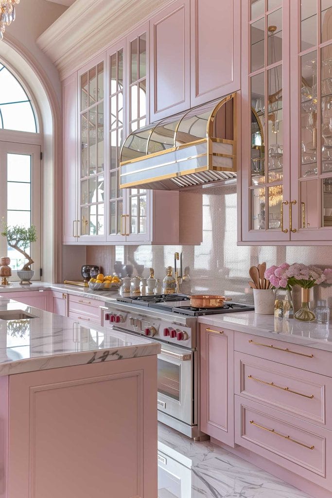 A luxurious Hollywood glam kitchen with blush pink cabinets, gold accents, marble countertops, and mirrored backsplashes. The space is completed with elegant chandeliers and high-end appliances.