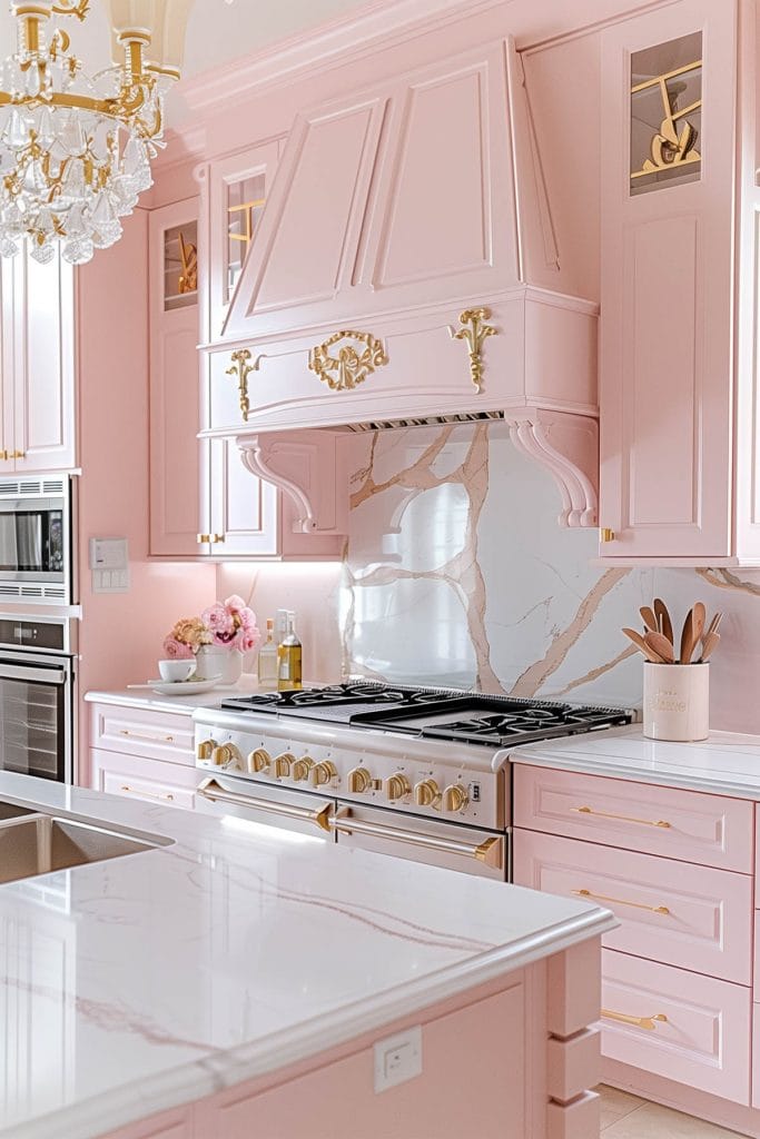 A luxurious Hollywood glam kitchen with blush pink cabinets, gold accents, and marble countertops. The space is completed with elegant chandeliers and high-end appliances.