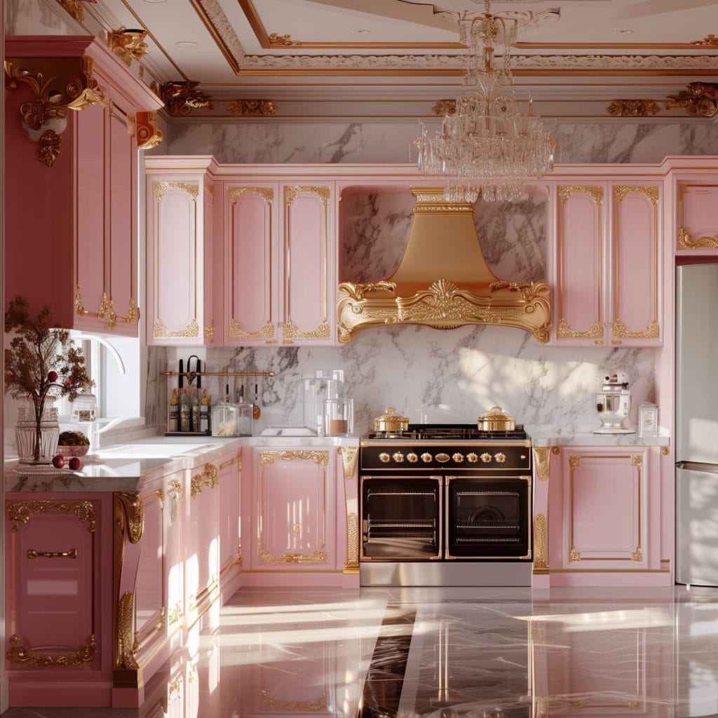 A luxurious Hollywood glam kitchen with blush pink cabinets, gold accents, and marble countertops. The space is completed with elegant chandeliers and high-end appliances.