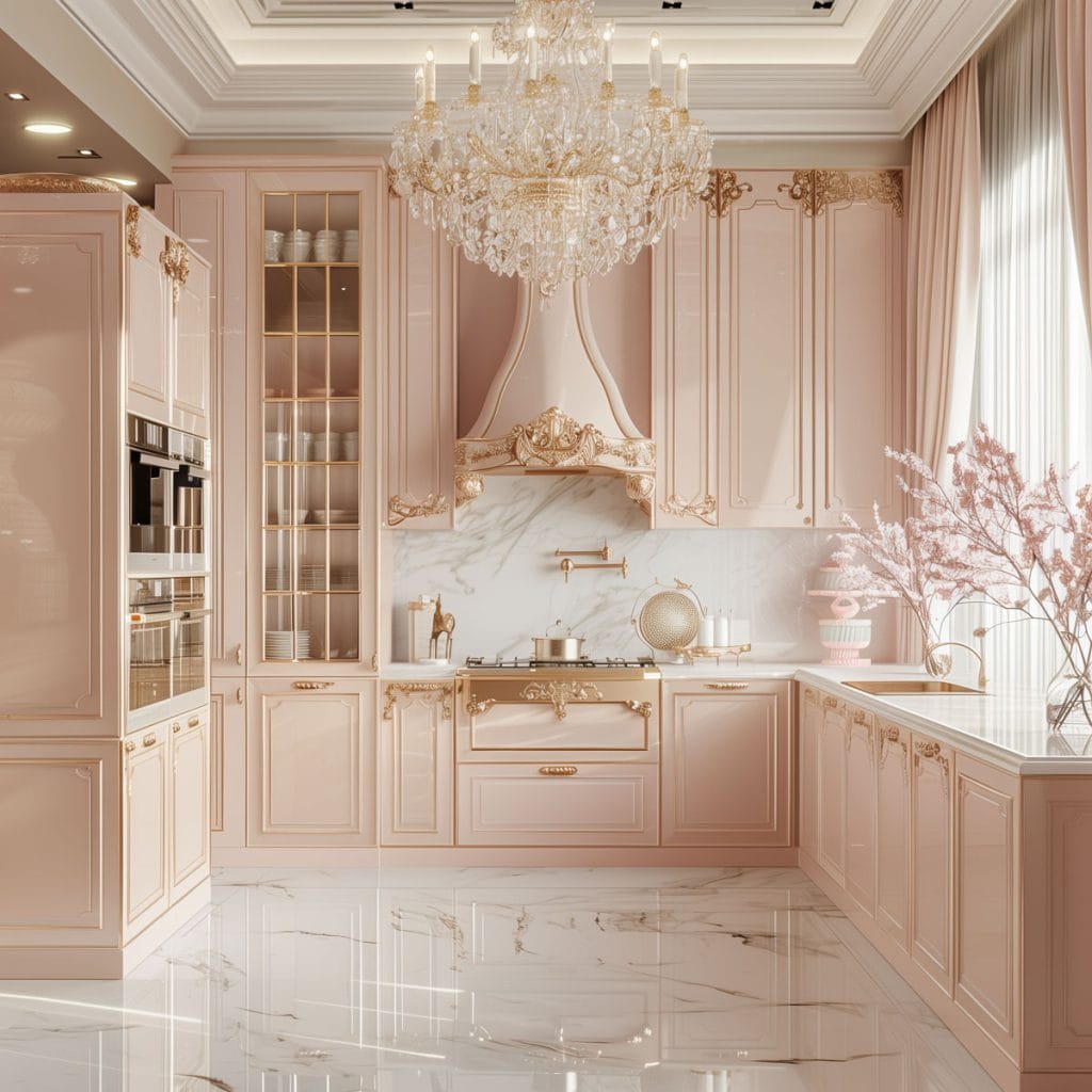 A luxurious Hollywood glam kitchen with blush pink cabinets, gold accents, marble countertops, and mirrored backsplashes. The space is completed with elegant chandeliers and high-end appliances.