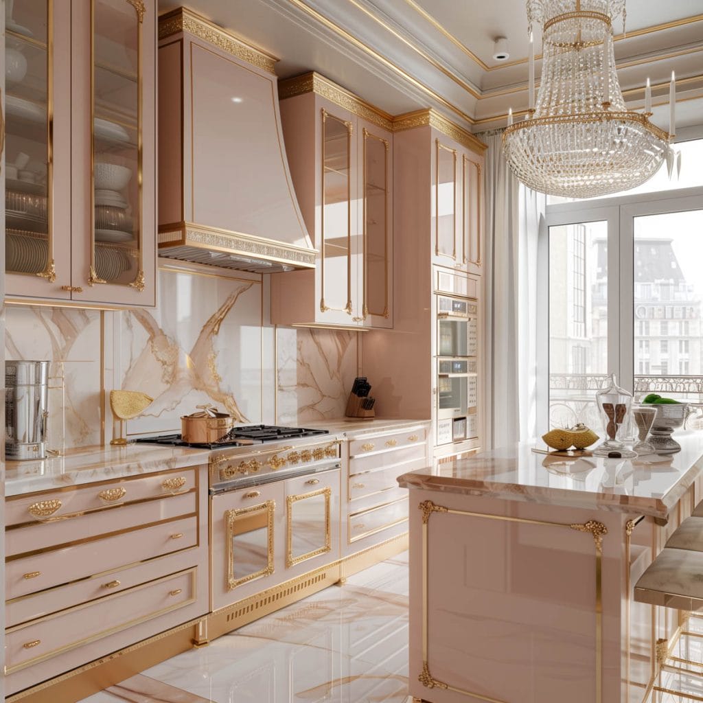 A luxurious Hollywood glam kitchen with blush pink cabinets, gold accents, marble countertops, and mirrored backsplashes. The space is completed with elegant chandeliers and high-end appliances.