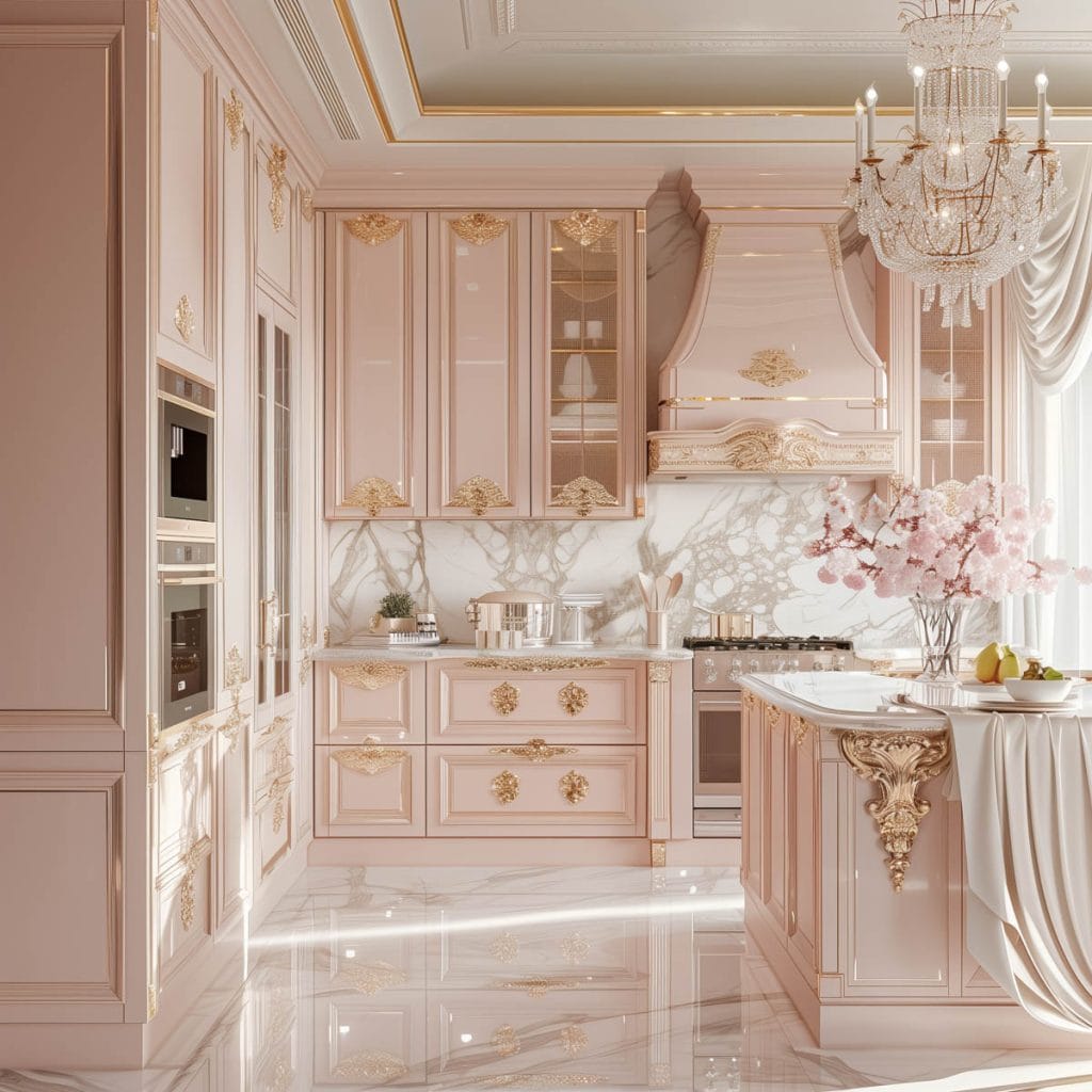 A luxurious Hollywood glam kitchen with blush pink cabinets, gold accents, marble countertops, and mirrored backsplashes. The space is completed with elegant chandeliers and high-end appliances.