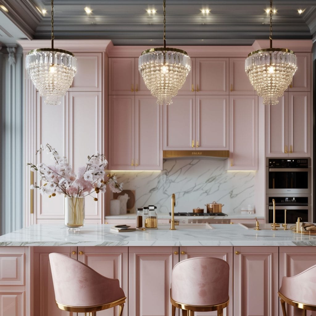 A luxurious Hollywood glam kitchen with blush pink cabinets, gold accents, and marble countertops. The space is completed with elegant chandeliers and high-end appliances.