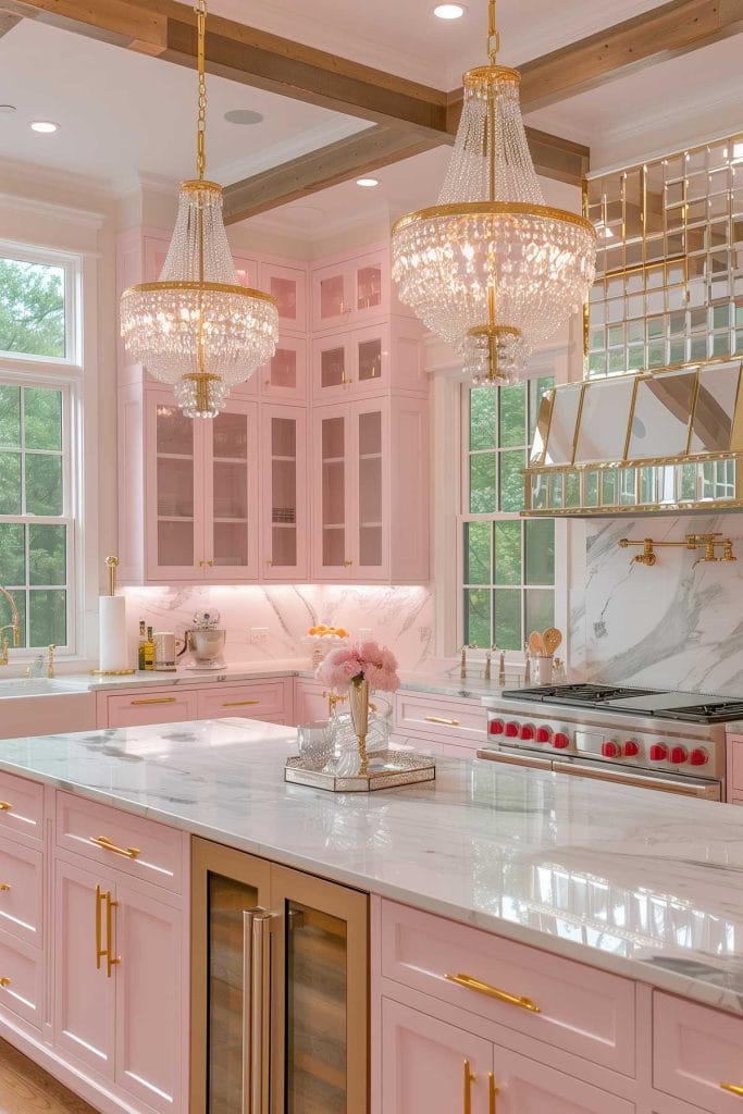 A luxurious Hollywood glam kitchen with blush pink cabinets, gold accents, marble countertops, and mirrored backsplashes. The space is completed with elegant chandeliers and high-end appliances.