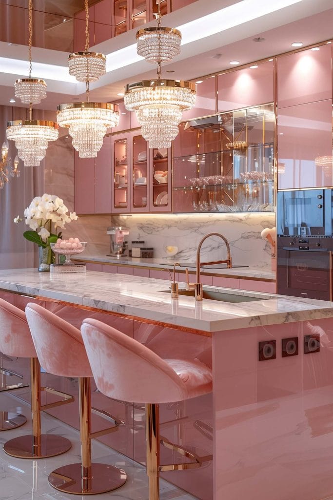 A luxurious Hollywood glam kitchen with blush pink cabinets, gold accents, marble countertops, and mirrored backsplashes. The space is completed with elegant chandeliers and high-end appliances.