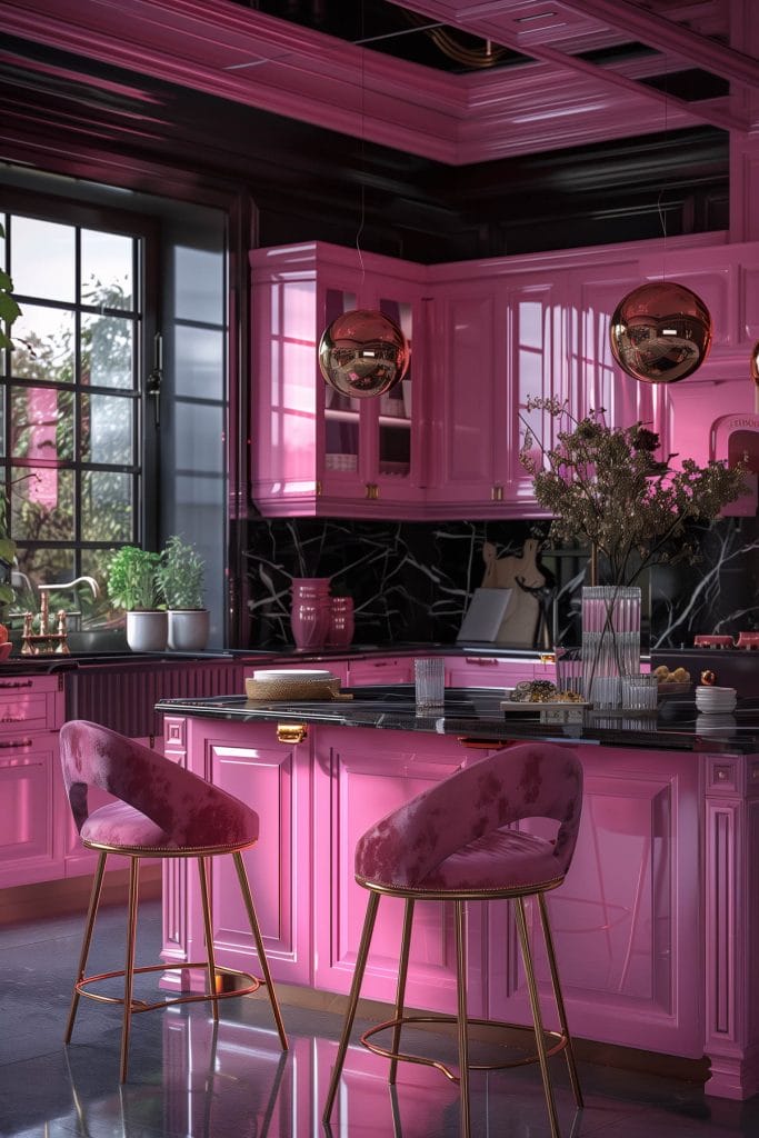 A luxurious retro luxe kitchen with high-gloss pink cabinetry, black marble countertops, and polished brass fixtures. The design includes statement pendant lighting and velvet bar stools.