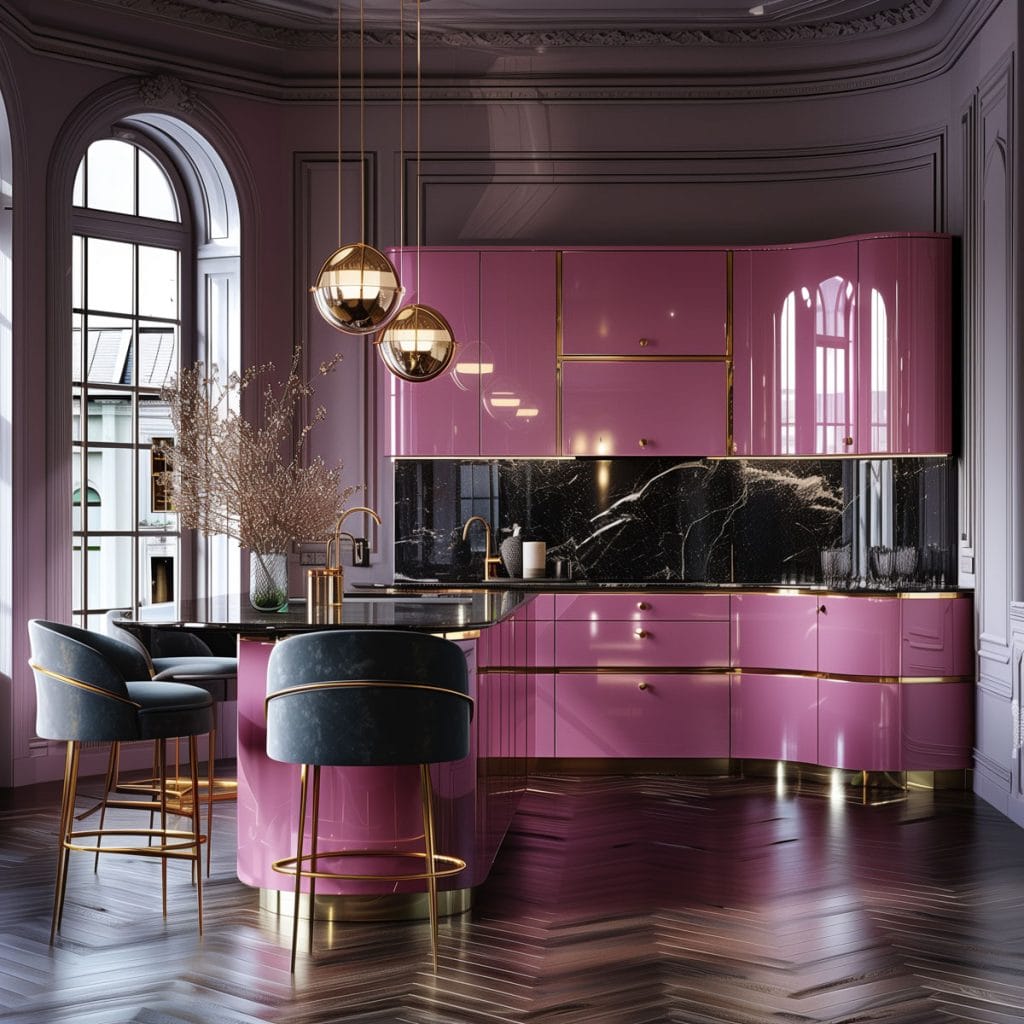 A luxurious retro luxe kitchen with high-gloss pink cabinetry, black marble countertops, and polished brass fixtures. The design includes statement pendant lighting and velvet bar stools.