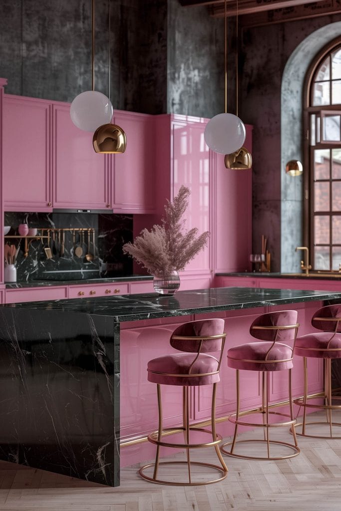 A luxurious retro luxe kitchen with high-gloss pink cabinetry, black marble countertops, and polished brass fixtures. The design includes statement pendant lighting and velvet bar stools.