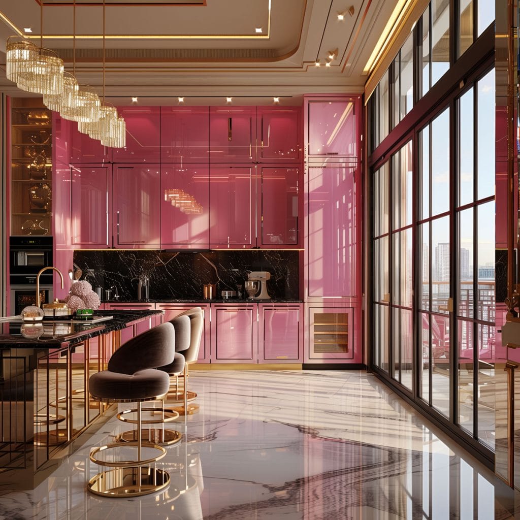 A luxurious retro luxe kitchen with high-gloss pink cabinetry, black marble countertops, and polished brass fixtures. The design includes statement pendant lighting and velvet bar stools.