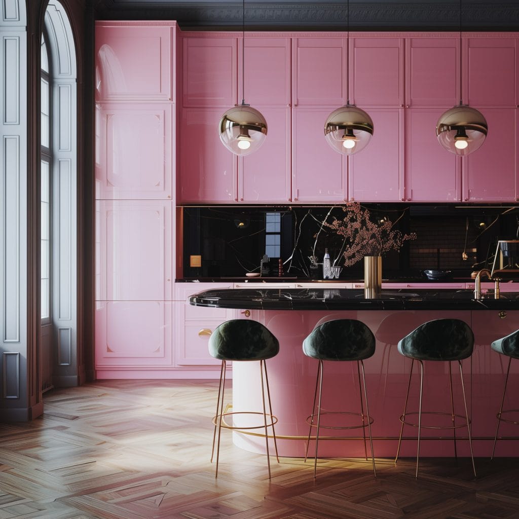 A luxurious retro luxe kitchen with high-gloss pink cabinetry, black marble countertops, and polished brass fixtures. The design includes statement pendant lighting and velvet bar stools.