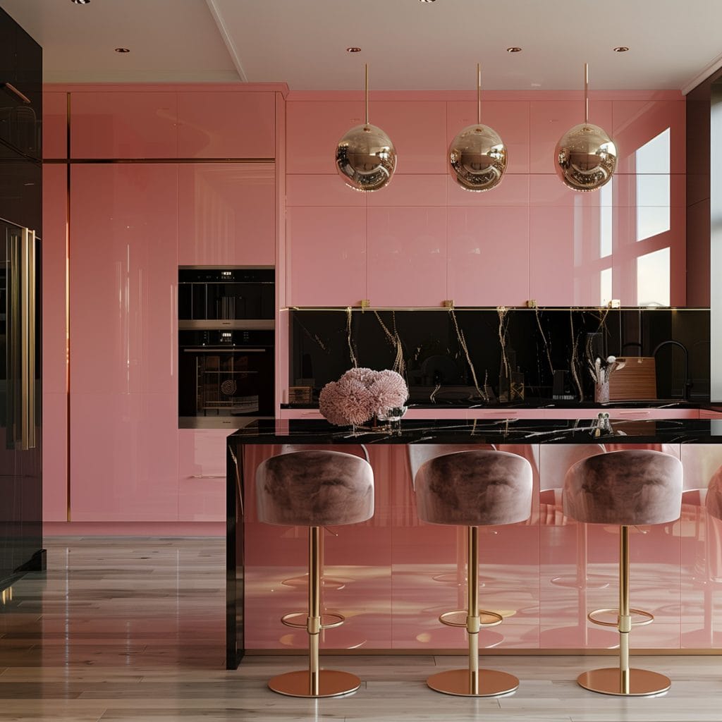 A luxurious retro luxe kitchen with high-gloss pink cabinetry, black marble countertops, and polished brass fixtures. The design includes statement pendant lighting and velvet bar stools.