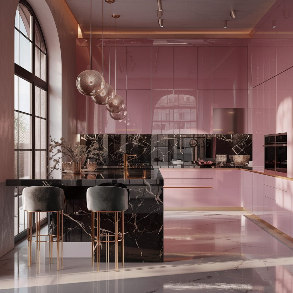 A luxurious retro luxe kitchen with high-gloss pink cabinetry, black marble countertops, and polished brass fixtures. The design includes statement pendant lighting and velvet bar stools.