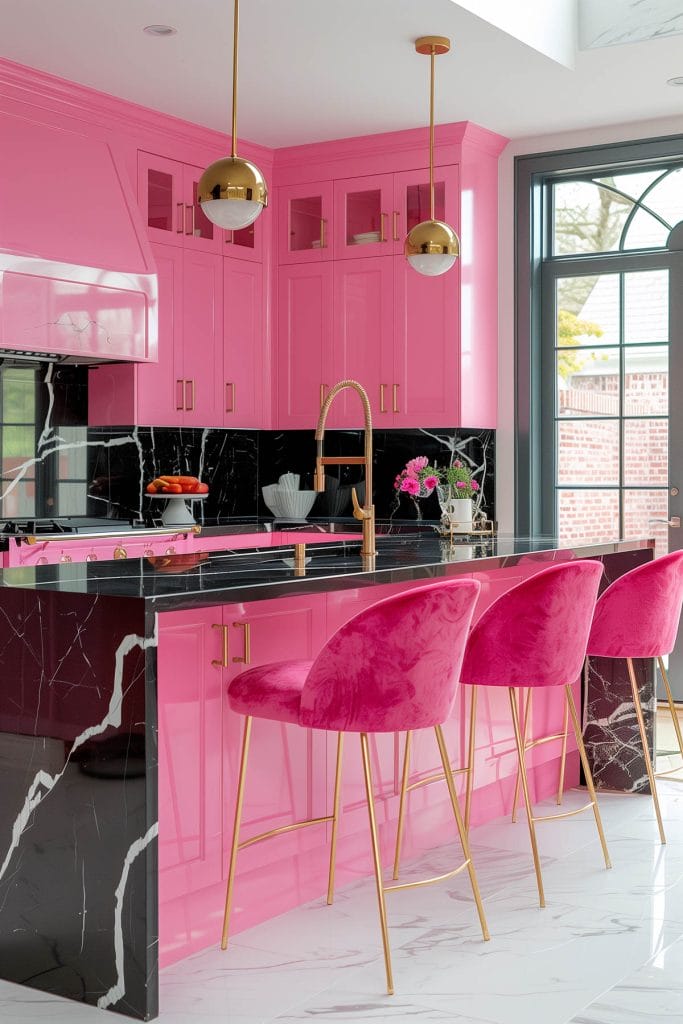 A luxurious retro luxe kitchen with high-gloss pink cabinetry, black marble countertops, and polished brass fixtures. The design includes statement pendant lighting and velvet bar stools.