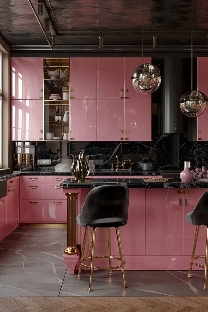 A luxurious retro luxe kitchen with high-gloss pink cabinetry, black marble countertops, and polished brass fixtures. The design includes statement pendant lighting and velvet bar stools.