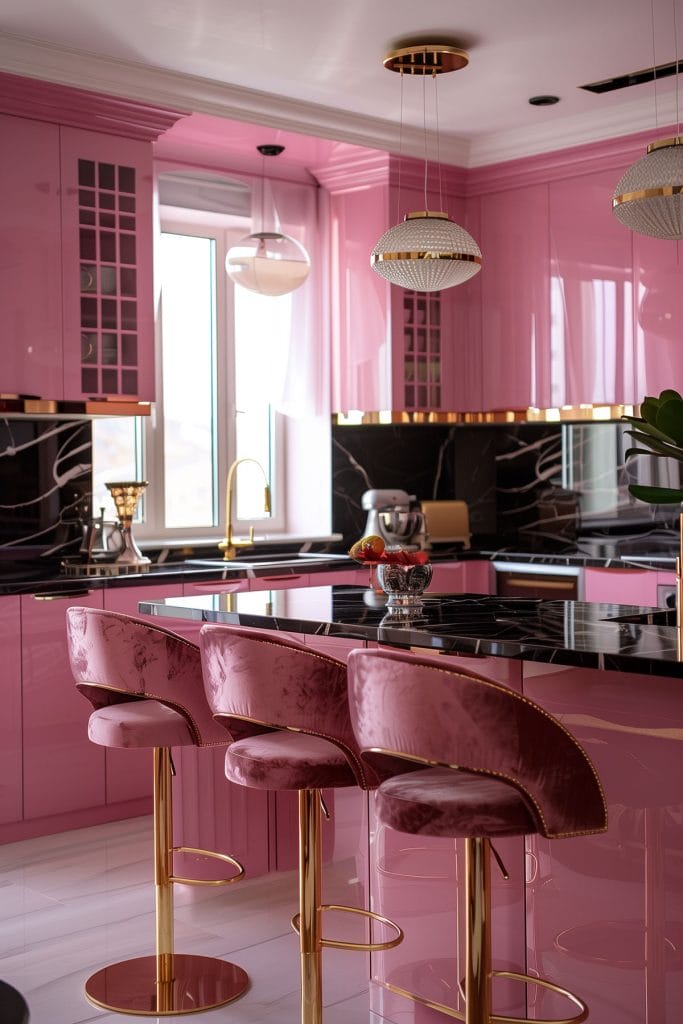 A luxurious retro luxe kitchen with high-gloss pink cabinetry, black marble countertops, and polished brass fixtures. The design includes statement pendant lighting and velvet bar stools.