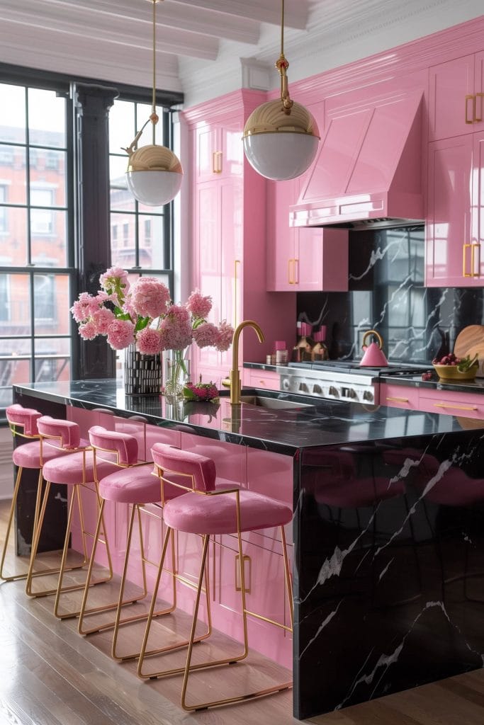 A luxurious retro luxe kitchen with high-gloss pink cabinetry, black marble countertops, and polished brass fixtures. The design includes statement pendant lighting and velvet bar stools.